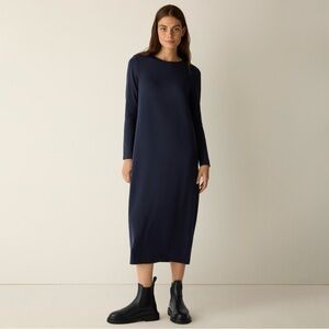 Eileen Fisher Black Jersey Knit Oval Crewneck Relaxed Fit Maxi Long Sleeve Dress